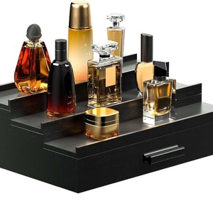 Estante de madera de tres niveles para perfumes con cajón, organizador de cosméticos para hombres, estante de almacenamiento para baño. - Product Image 1