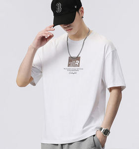 빈 상자에 맞춤형 남성용 빗질 코튼 헤비급 티셔츠 반소매 골지 넥 스트리트 세트 - Product Image 2