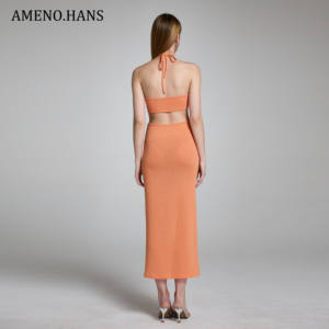 Vestido personalizado Fabricante Europa Color sólido Recortado Sin espalda Bodycon Halter Maxi Vestidos de mujer de moda - Product Image 5
