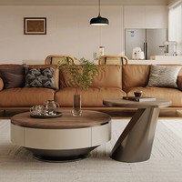 Ensemble de 2 tables basses rondes en bois massif de luxe moderne avec tiroirs de rangement et base en métal pour salon, bureau à domicile, décoration de la maison