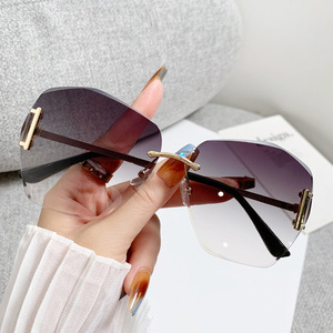 Women's Polygonal Frameless <b>Sunglasses</b> UV400 PC Lens Black Frame Sun Protection Type 3 Grey Gradient - Product Image 3