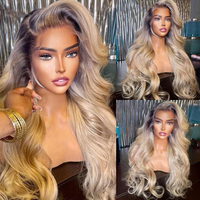 Perruque Lace Frontale Vierge Indienne 20 Pouces, Cheveux Humains Blonds, Style Lisse Ondulé et Volumineux, pour Femme Noire