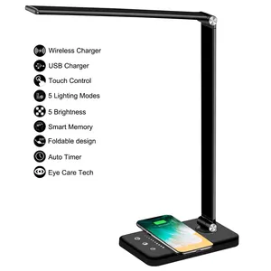 Lampu meja Led multifungsi, lampu meja logam 10W Qi tanpa kabel, pengisian daya USB, lampu meja dapat dilipat sentuh samping tempat tidur