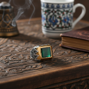 Square Green Agate Gemstone Round Emerald Stone Design Ottoman <b>Men's</b> <b>Ring</b> Turkish Handmade Wholesale Authentic <b>Silver</b> <b>Men</b> <b>Ring</b> - Product Image 3