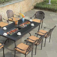 Vente directe usine – Ensemble table de jardin rectangulaire en aluminium moulé avec foyer et double grille pour l'extérieur