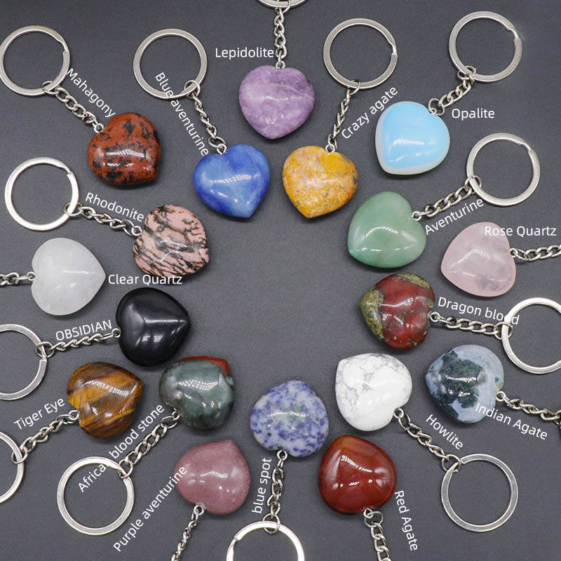 30mm Heart Stone Keychain Natural Gemstone Crystal Ring