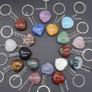 30mm heart stone keychain Natural Gemstone Crystal Ring Key Chain Healing Stone Mini Crystal agate love keyring