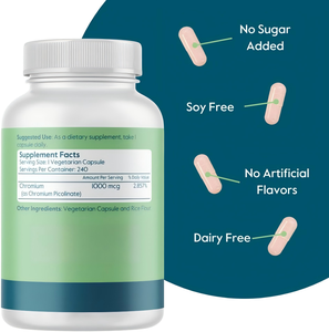 Cápsulas de Picolinato de Cromo OEM ODM 1000mcg 240 Cápsulas Sin Estearato Veganas Sin Gluten Sin OMG - Product Image 3