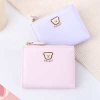 Dompet Koin Poliester Gaya Korea dengan Resleting Desain Beruang Lucu untuk Pelajar Serbaguna Dompet Kartun Kecil Portabel Pendek Impor