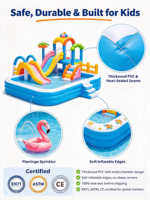 Tendance 2026 Parc aquatique gonflable carré bleu clair pour enfants avec toboggan et arroseur, et jouets flamant rose et singe, pour l'été en extérieur