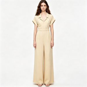 Combinaison d'été respirante pour <span class=keywords><strong>femme</strong></span>, personnalisable, à manches courtes, col rabattu, coupe ajustée, taille à nouer, jambes larges, pour le quotidien - Product Image 1