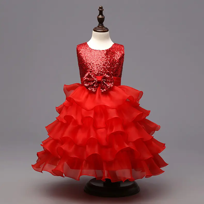 Style européen et américain solide paillettes robe de nuit pour enfants rouge cool filles danse performance vêtements robe de soirée pour fille