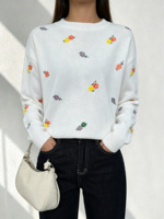 Pull tricoté blanc brodé floral décontracté pour l'automne, idéal pour les sorties et le quotidien – Vente chaude : Pull marguerite élégant