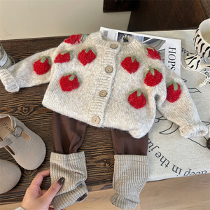 Tongxingyuan Baby Girls Strawberry Cardigan Sweater Set With Leggings Spring Autumn Thin Breathable Pants Set - Product Image 2