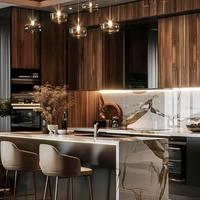 Cuisine modulaire sur mesure professionnelle, îlot de cuisine, design industriel moderne, panneau mélaminé, robinet, plan de travail en quartz