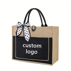 No Minimum Order Medium Sized Personalized Burlap Jute Tote Bag Custom Logo Printed Handled <b>Shopping</b> Bag for Gifts - Product Image 5
