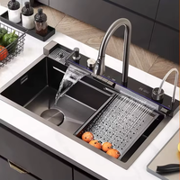 Évier de cuisine intelligent en acier inoxydable 304/201 noir avec cascade LED multifonction, bol carré fait à la main, robinet en laiton nano