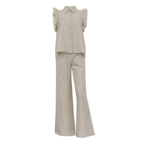 Enyami Ensemble Pantalon Et Haut Pour Mujer <span class=keywords><strong>Dame</strong></span> con balze a maniche a balze camicia a vita alta pantaloni larghi Set 2 pezzi - Product Image 6