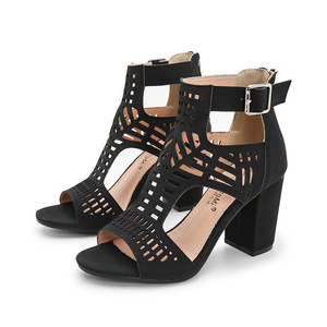 Sandalias de Tacón para Mujer, Punta Abierta, Tacón Grueso, Transpirables, con Correa Trasera y Hebilla, Estilo Elegante, Tacón Medio, Color Negro - Product Image 1