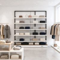 Étagère blanche à 6 niveaux avec poteaux noirs, présentoir à vêtements pliable, armoire de rangement pour vêtements, usage commercial