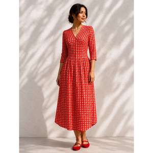 Women's Vintage Woven Cotton Plaid Maxi <b>Dress</b> | Relaxed Fit V-neck <b>with</b> <b>Pockets</b> | Contrast Color Detail for Autumn & <b>Summer</b> - Product Image 5