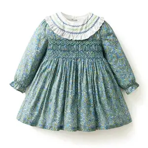 OEM ODM uzun kollu çiçek pamuklu kumaş çocuklar bebek kız için giyim önlüklü elbise Smocking