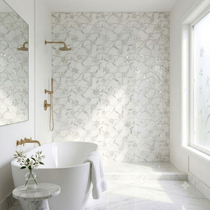 Azulejo de mosaico Floral Waterjet Dolomite & Mother of Pearl para decoración de <span class=keywords><strong>pared</strong></span> y piso, panel contra salpicaduras con incrustaciones de mármol blanco de lujo - Product Image 1