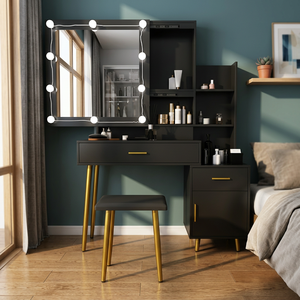 Set Toeletta Nera con 2 Cassetti, 1 Anta, 2 Ripiani, Impiallacciatura in Triamina, Specchio con 3 Lampadine, Mobile per Trucco - Product Image 3