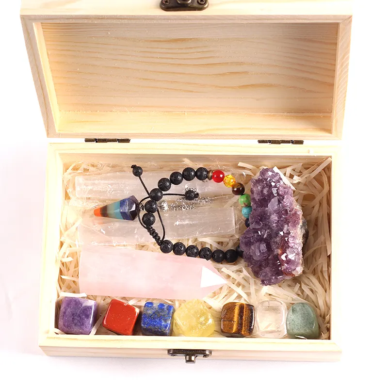 Kit de guérison des 7 chakras, ensemble de pierres en cristal naturel, de méditation avec boîte en bois, Kit cadeau d'équilibre pour la guérison, 2 pièces