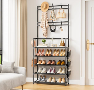 <span class=keywords><strong>Porte</strong></span>-<span class=keywords><strong>manteau</strong></span> pliable et peu encombrant, autoportant, avec étagère à chaussures à 4 niveaux, organisateur de vêtements, crochets de rangement et poche latérale pour entrée - Product Image 2