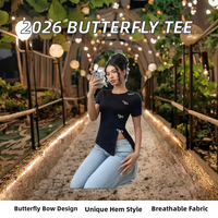 T-shirt décontracté à motif papillon avec ourlet irrégulier, en polyester respirant, à manches courtes, couleur unie, pour l'été