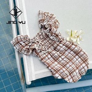High Quality Customized <b>Baby</b> Sun Protection Swimsuit Wing Sleeve Plaid Wrinkled Fabric Children's Swimsuit With Elastic - Product Image 2
