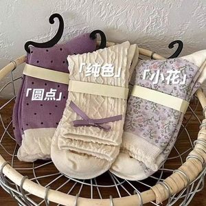 White Bow Lace Mid-Calf <b>Socks</b> Women <b>Breathable</b> Sweat-Absorbing Purple Floral Polka Dot Solid Color Youth Style Spring Summer - Product Image 3