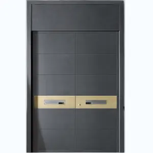 Luxury Modern Waterproof YT-T28 Double Entry Door With Elegant Steel Finish Smart Lock House Front Exterior Brass Strips