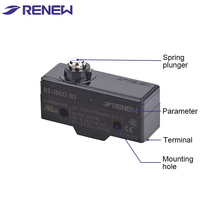 Microinterruptor de Plástico SPDT Modelo Básico RZ-15GD-B3 con Resorte Corto, 15A 250VAC, Certificado CE