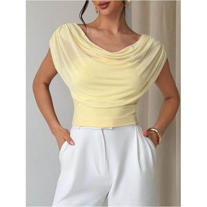 FOXA Top corto de malla ligero con capa drapeada y cintura fruncida para mujer, elegante y casual para el verano - Product Image 3
