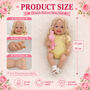 BAkwbwBY Muñeca <span class=keywords><strong>Reborn</strong></span> de Silicona Completa de 22 Pulgadas, Niña con Cabello Largo y Rizado, Mono Amarillo con Volantes, Muñeca Realista para Terapia y Colección de Muñecas - Product Image 4