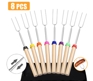 U Shape Wooden Handle Barbecue Fork Sausages Hot Dogs Roasting Stick Telescopic Marshmallow Roasting Sticks Telescopic Fork - Product Image 2