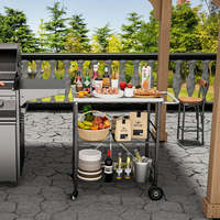 Chariot de barbecue pliable d'extérieur AJUNION avec plateau en acier inoxydable, four à pizza d'extérieur, table de préparation, double étagère de rangement, chariot de barbecue avec roues
