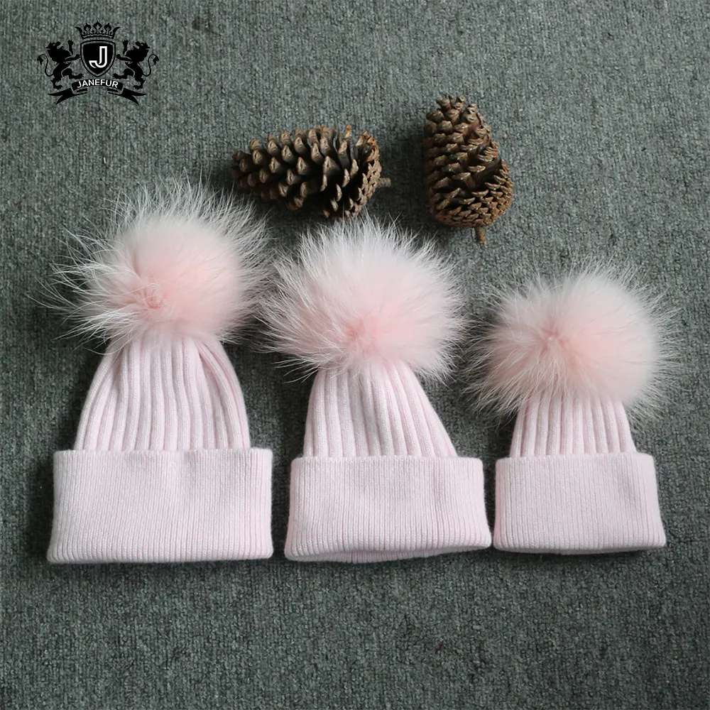 Gorro de invierno personalizado para padres e hijos, gorro de punto para mujeres/bebés/niños, gorro de pompón de piel real para invierno