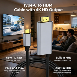 Câble Type-C <span class=keywords><strong>vers</strong></span> <span class=keywords><strong>HDMI</strong></span> 4K HD 65W PD, charge rapide, synchronisation audio, Plug and Play pour téléphone, ordinateur portable, téléviseur - Product Image 3