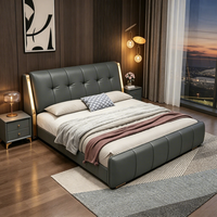 Lit de rangement moderne de luxe JUNYUHAO avec éclairage LED, revêtement en cuir, mousse haute densité, cadre en pin, taille Queen/King pour chambre à coucher