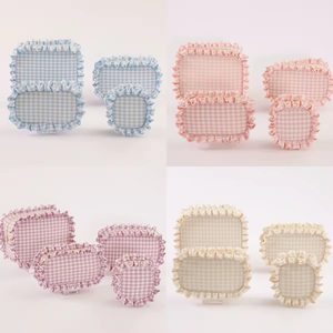 Trousse de Toilette Grande en Coton à Fermeture Éclair pour Femme, Sac de Rangement de Voyage, Trousse de Maquillage à Volants en Gingham - Product Image 4