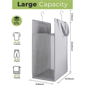Hanging Laundry Hamper Grey <b>Rectangular</b> Foldable With Handles For Closet Storage - Product Image 2
