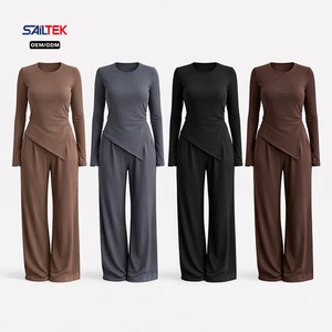 Completo da Donna Due Pezzi: Top Corto <span class=keywords><strong>Sexy</strong></span> con Scollo a V e Maniche Lunghe Avvolgenti e Pantaloni a Zampa a Vita Alta - Abbigliamento Loungewear Personalizzato - Product Image 4