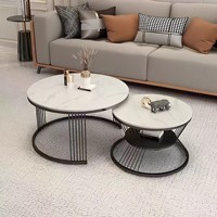 Ensemble de tables basses rondes en pierre de luxe léger, style minimaliste moderne, tables rétractables multifonctionnelles à double niveau pour salon