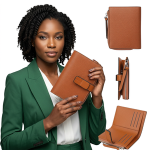 WRIZA Cartera de cuero genuino con cierre de cremallera corta, tarjetero multifuncional, diseño minimalista unisex, cuero marrón - Product Image 5