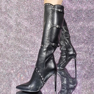 Size 47 Women's Rivets Knee High <b>Boots</b> Pointed Toe Buckles Long Booties Dress Stiletto Thin Heels Wide Fit Shoes - Product Image 2