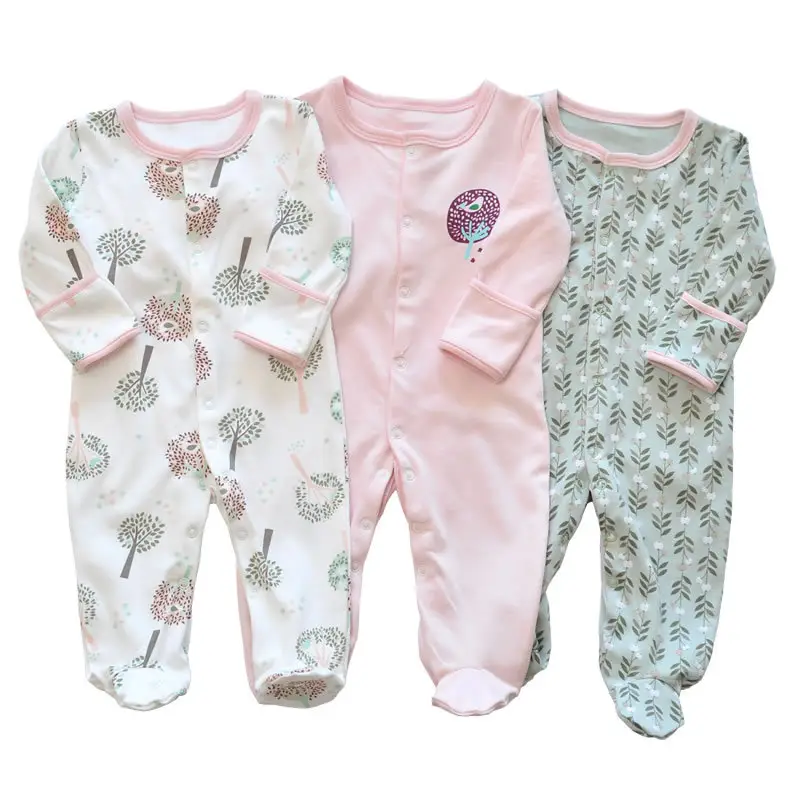 Packung mit 3 Baby pyjamas mit Fäustlingen Langarm-Baby-Stram pler bedruckte Baby-Schlaf anzüge