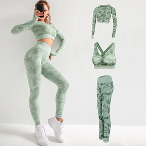 Seamless Activewear Plus Size Fitness Sets Sport Bra+High Waist <strong>Leggings</strong>+<strong>Crop</strong> Top 3PCS Camouflage Long Sleeve Workout Set - Product Image 5